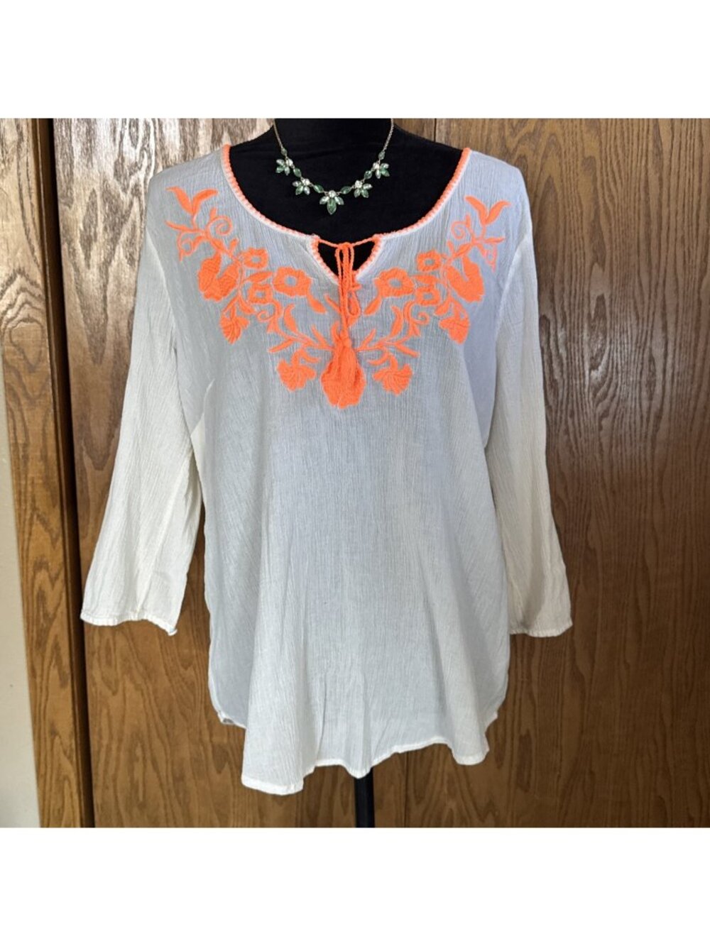Maurices Womens Blouse Top Plus Size 1 Cream Blaze Neon Orange Floral Keyhole